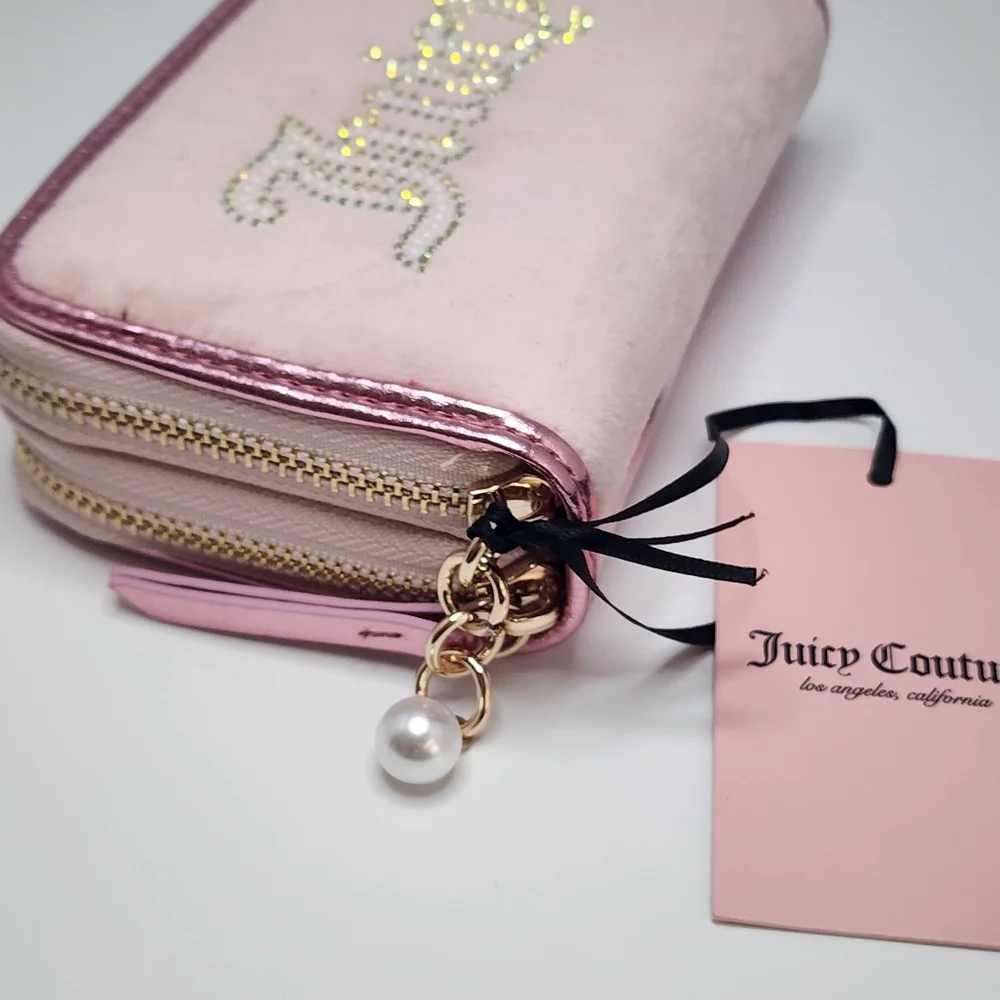 Juicy Couture Pink Velour Zip Wallet Rhinestone Logo Small Purse NWT Y2K Glam